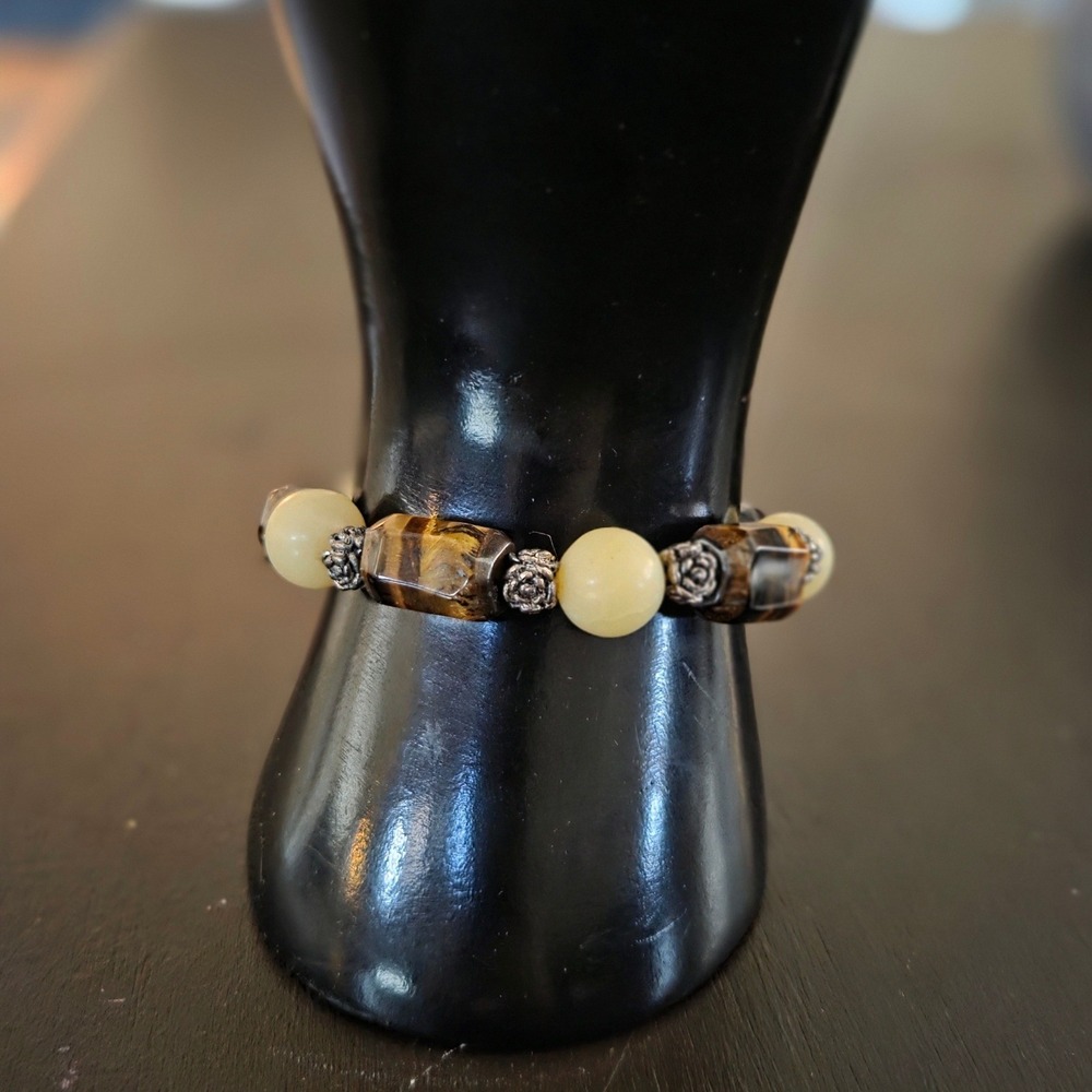 Tigers Eye and Yellow Jade Stretch Bracelet with Silver Rose‎ Accents Boho Stone